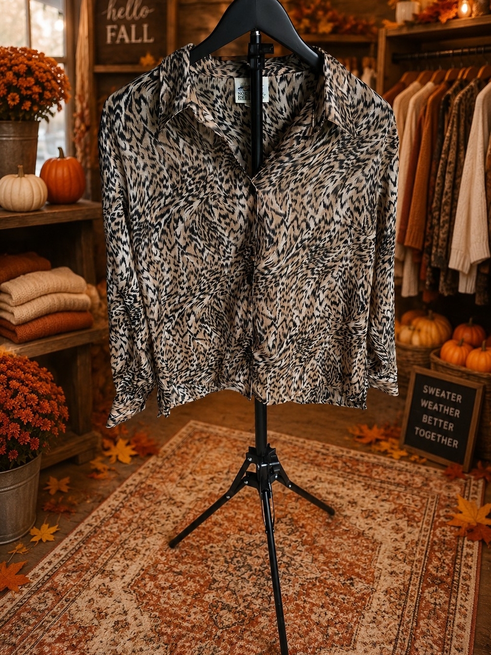 Vintage90's Northern Reflections Beige and Black Animal-Print Button Front Shirt